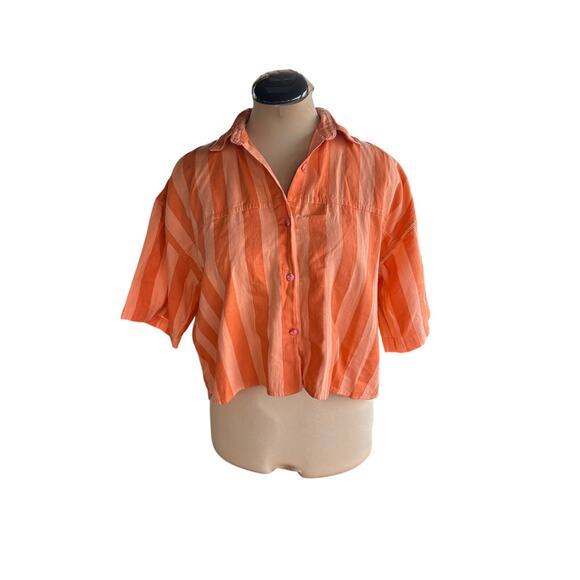 Vintage Cropped Button Up Shirt Sz. M - Y2K, Orange, Stripe - Picture 1 of 8